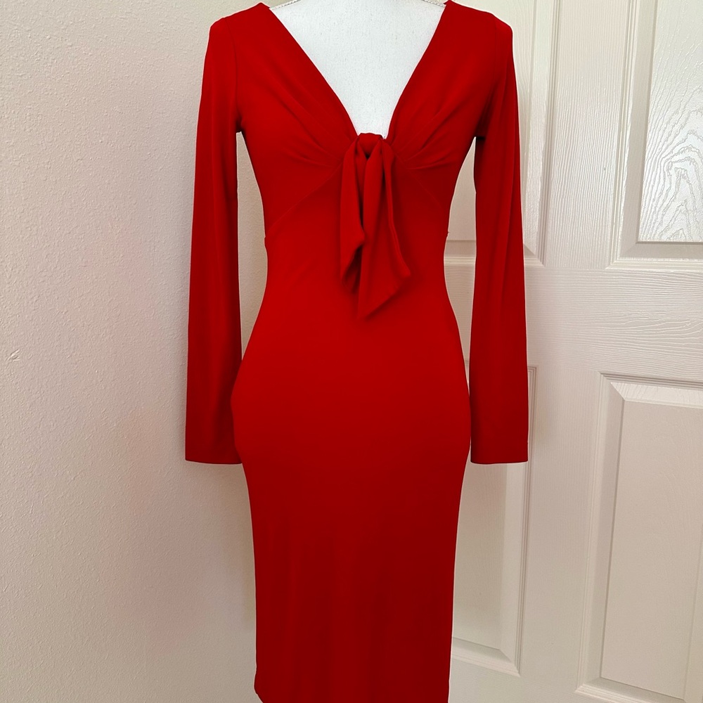 Moda International Red Faux Bow Tie Front Plunge Midi Dress